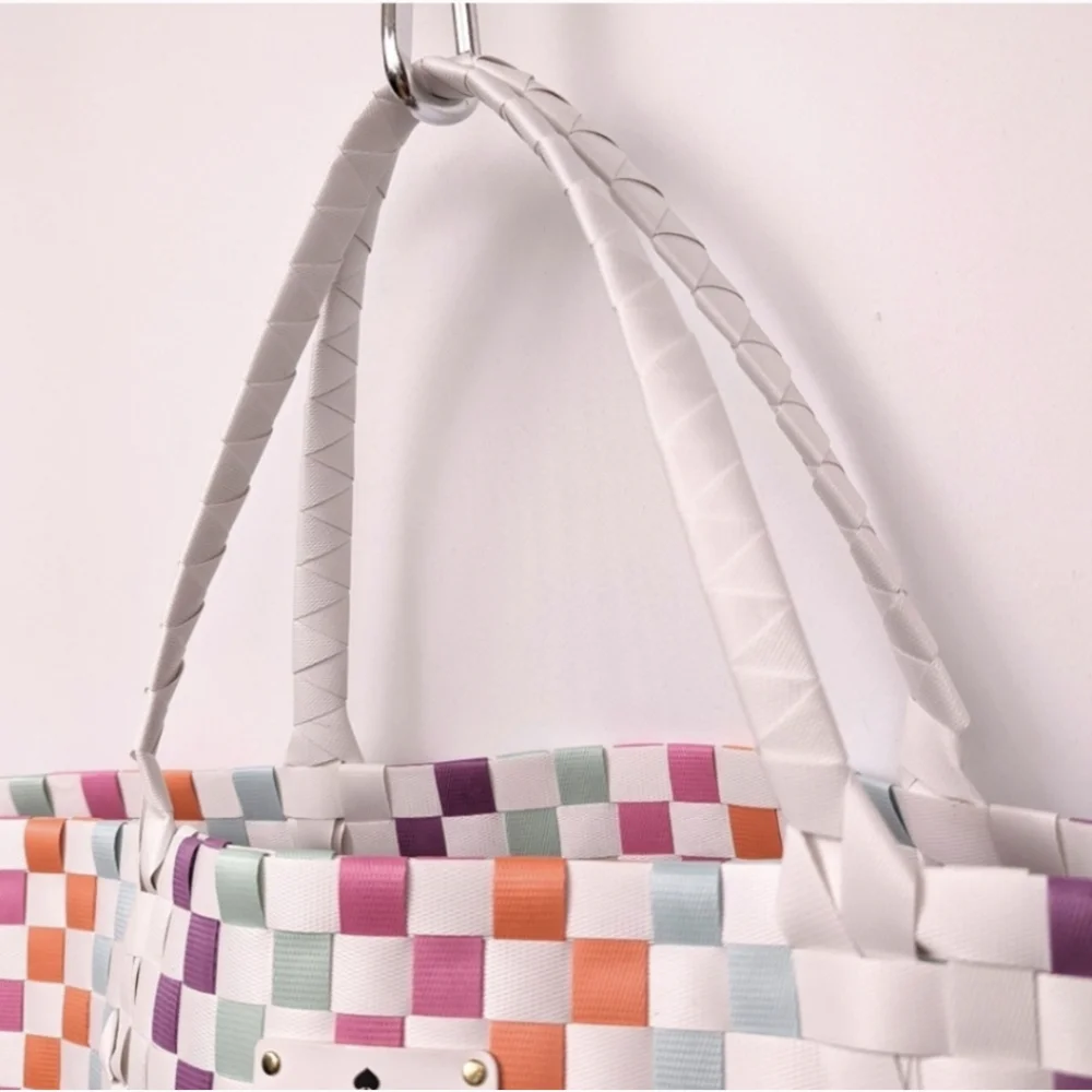 Kate Spade Multicolor Woven Tote Checkerboard Pastel Brights Striped Beach Bag L